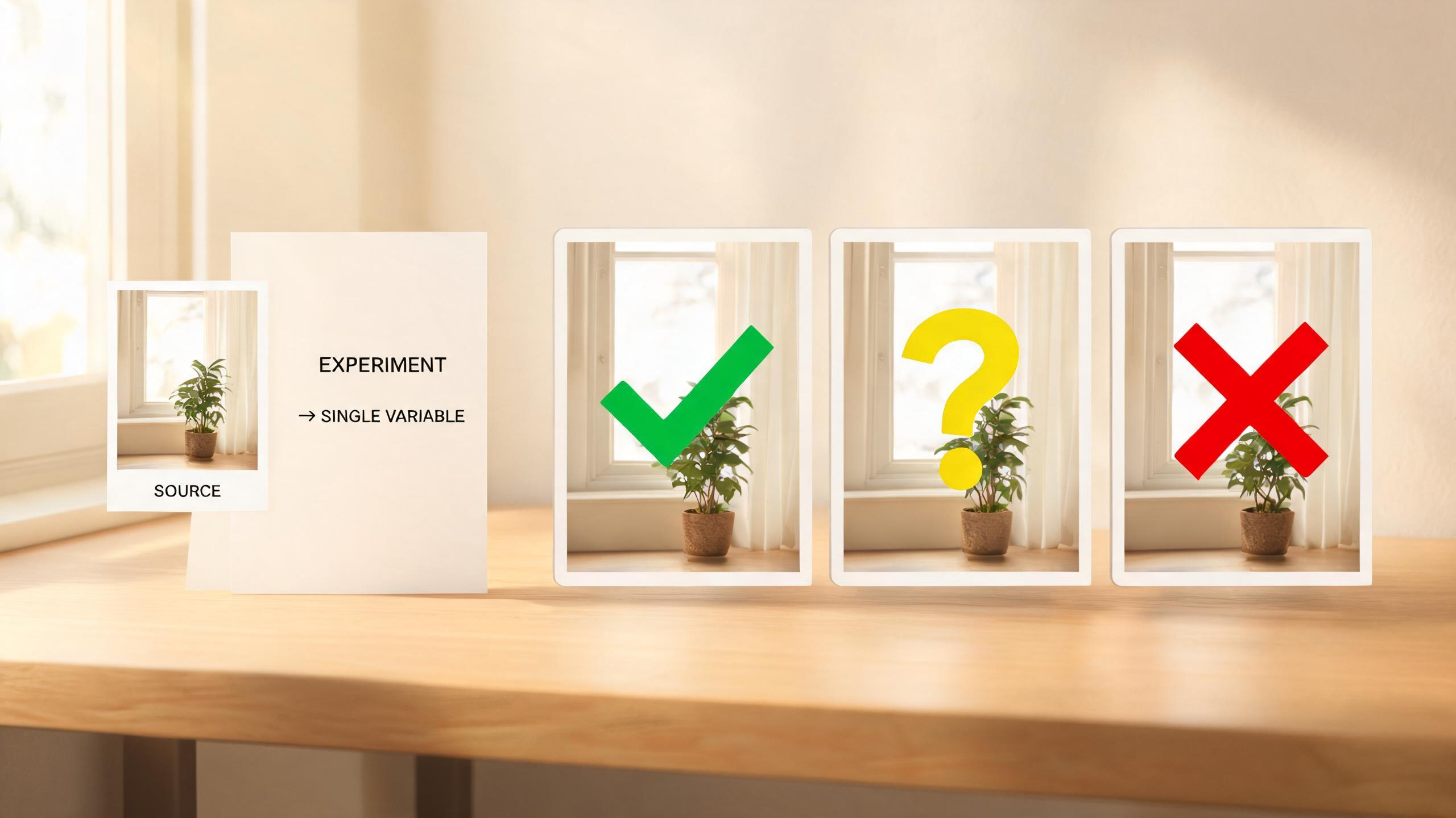 A clean editorial desk shows an approved source photo, a concise one-clip test brief, and three review frames with simple visual markers; no readable text, logos, or watermarks