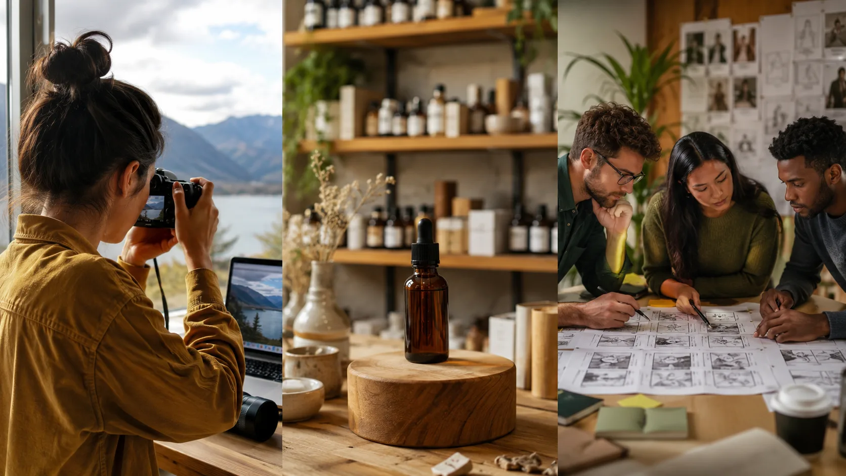 An editorial three-panel scene showing a creator with a photo, a small shop with a product shot, and a team reviewing a short storyboard; no logos or readable interface text