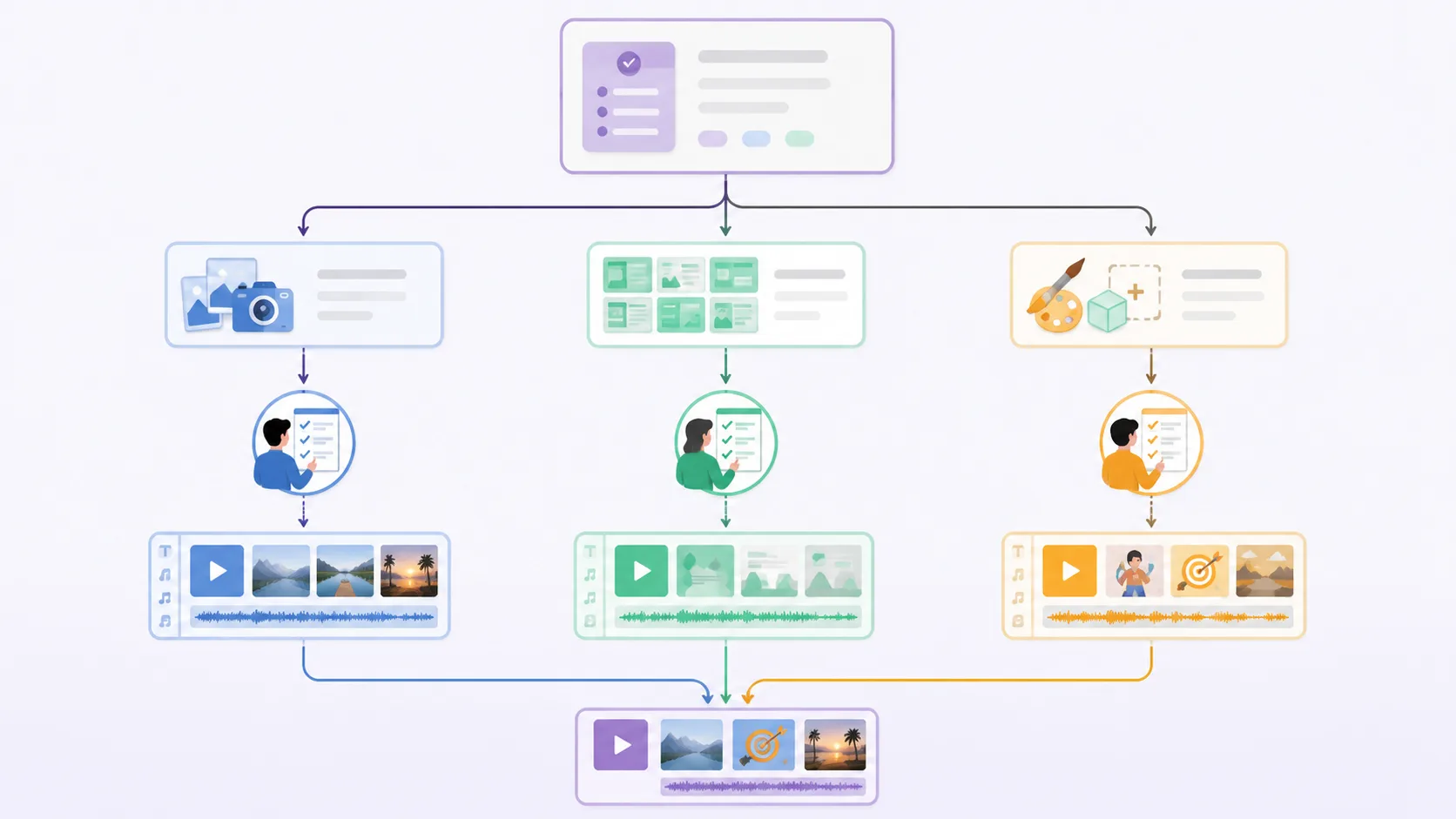 A clean editorial workflow diagram moving from task selection to photo-led, template-led, or custom-scene video paths, with separate review checkpoints and no logos