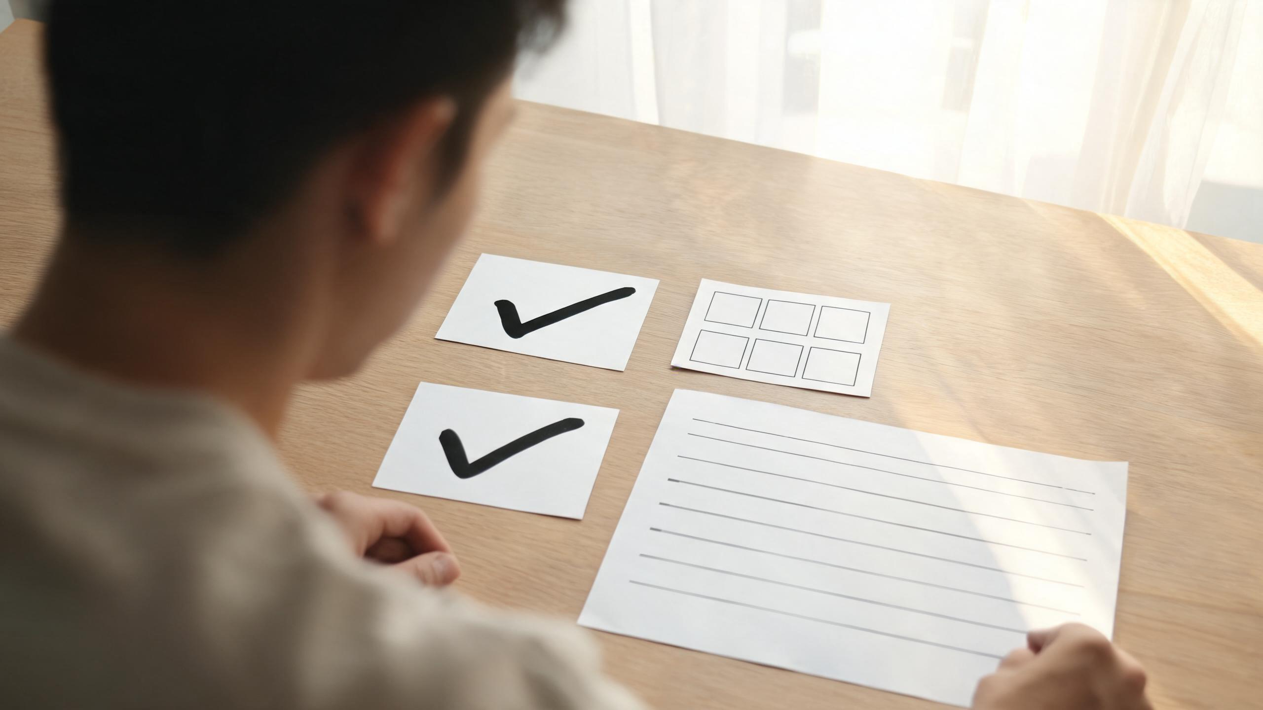 A clean editorial production desk with an anonymous source-card folder, a template card, a reviewer checkmark, and a blank video timeline; no readable text, brand marks, or interface copy