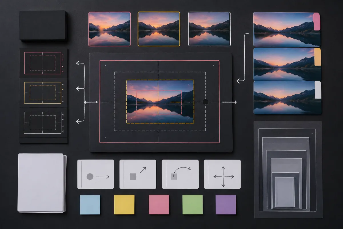 A storyboard board for reviewing a product source, first frame, crop, and final visual beat; no readable text or logos