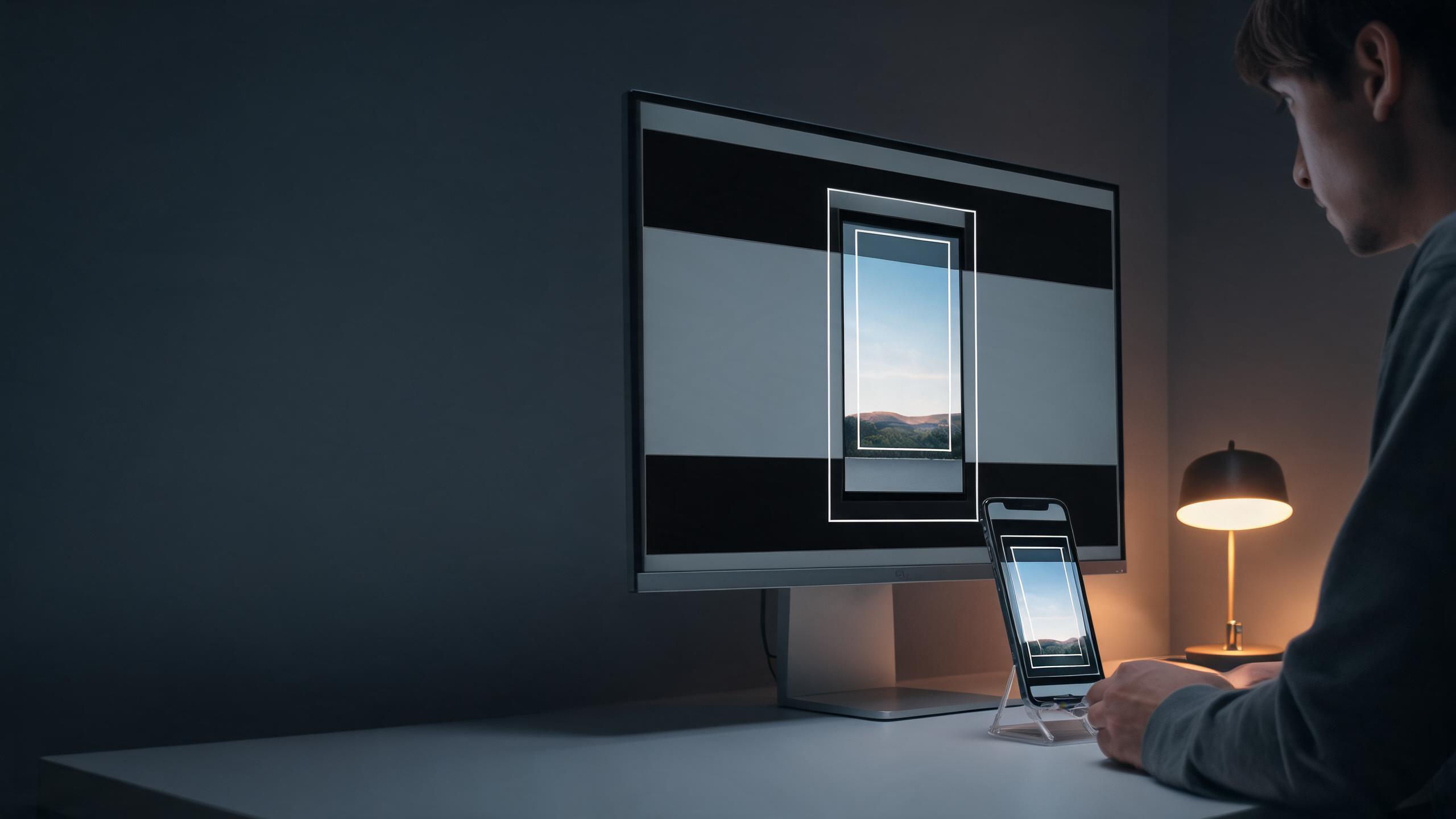 Creator reviewing a vertical video master and phone preview at an editing desk