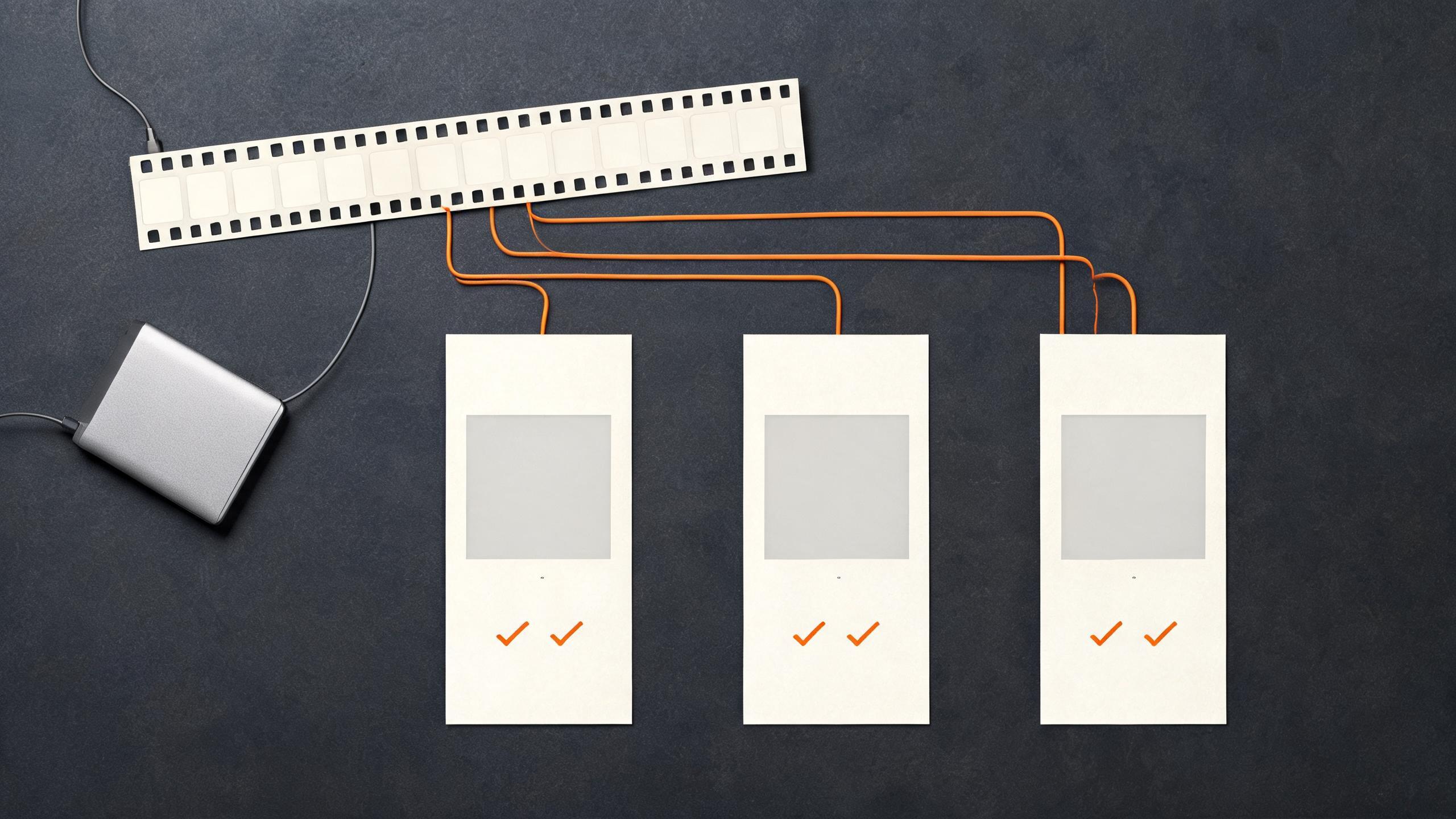 Top-down delivery workflow showing one master video branching into three checked vertical variants
