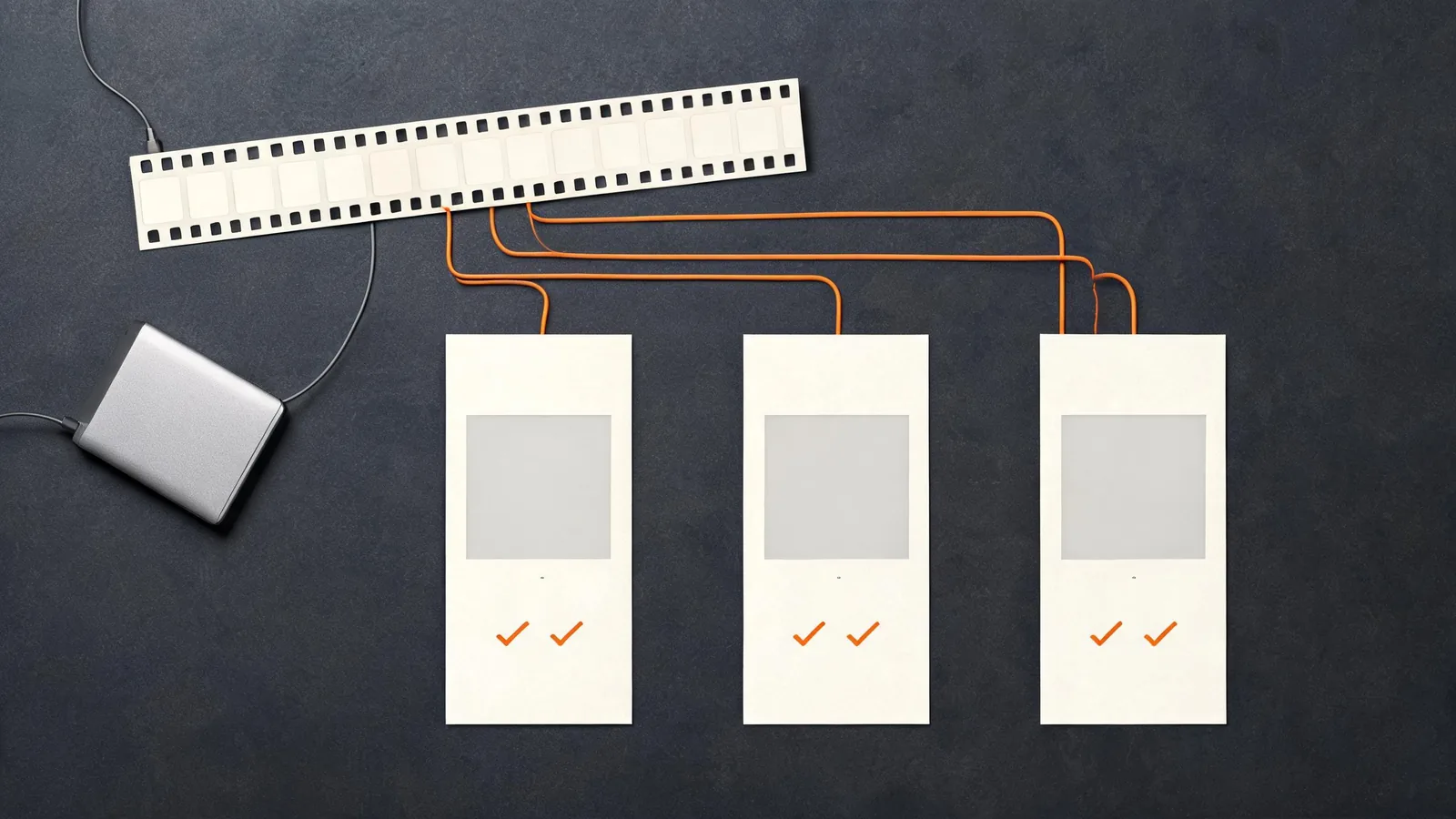 Top-down delivery workflow showing one master video branching into three checked vertical variants