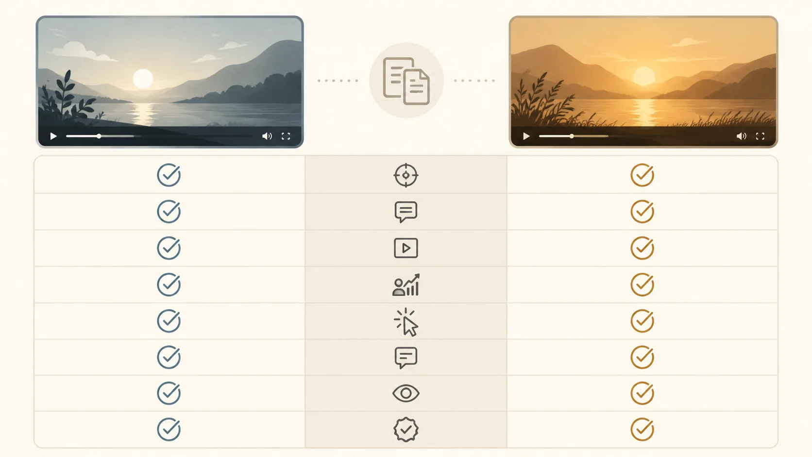 A restrained A/B video review checklist board covering same source, same message, opening frame, retention, clicks, comments, and visual QA