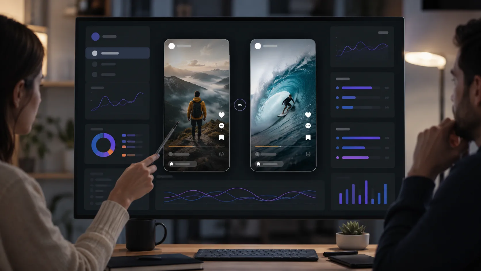 An editorial mobile analytics concept screen comparing two generic vertical video template cards, with no brand names, logos, or readable data