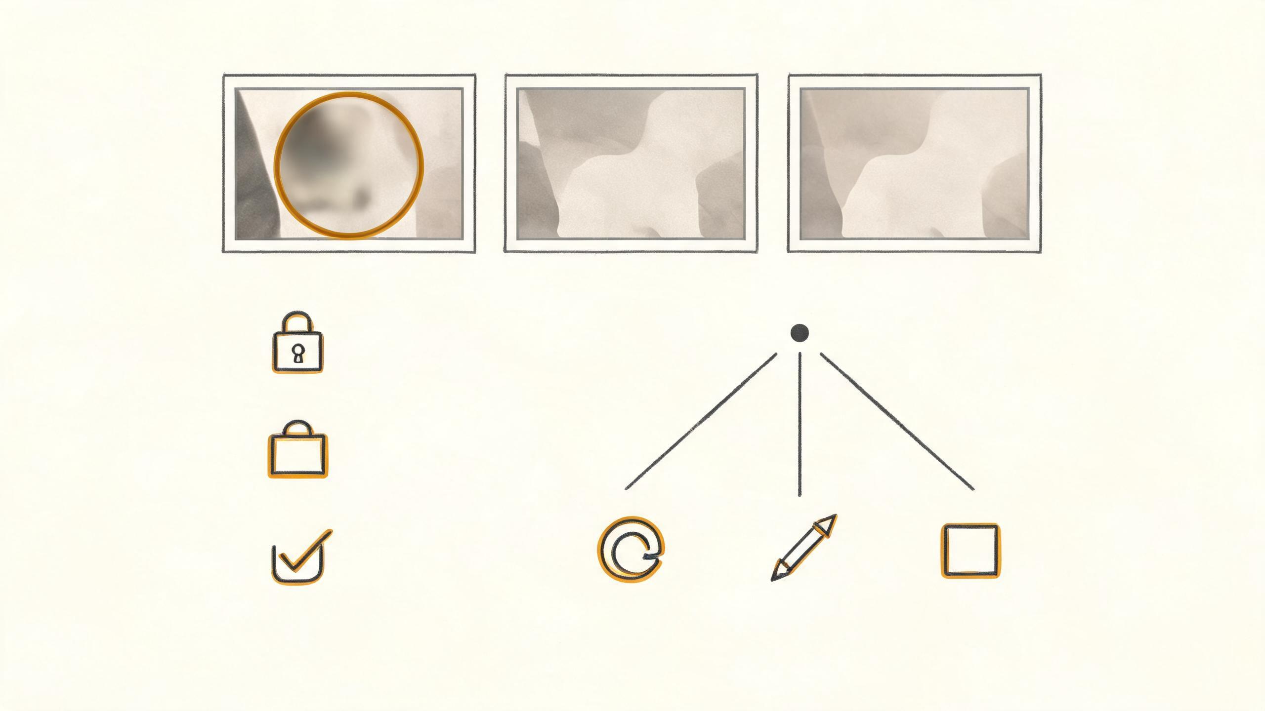 A conceptual revision-brief worksheet beside three small video frame cards: one defect highlighted at a timestamp, one protected-input column, and one decision path to retry, conventional edit, or stop; editorial illustration with no readable UI text
