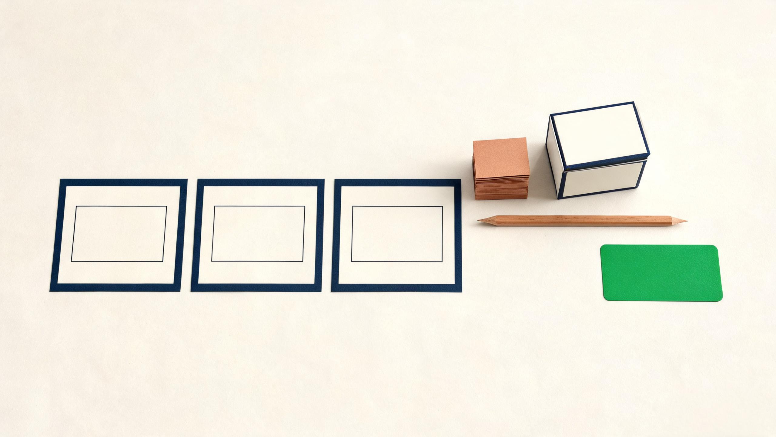 A conceptual content-operations review with three blank video storyboard cards, version cards, an archive box, a pencil, and a green continue marker