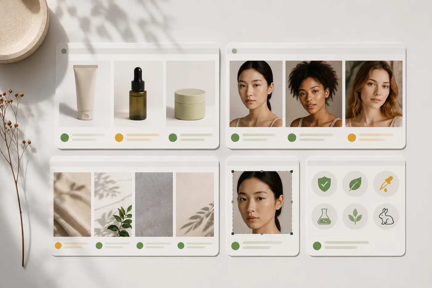 Abstract brand-review grid with separate product, portrait, background, crop, and claim cards in a clean daylight studio style, no readable text or logos