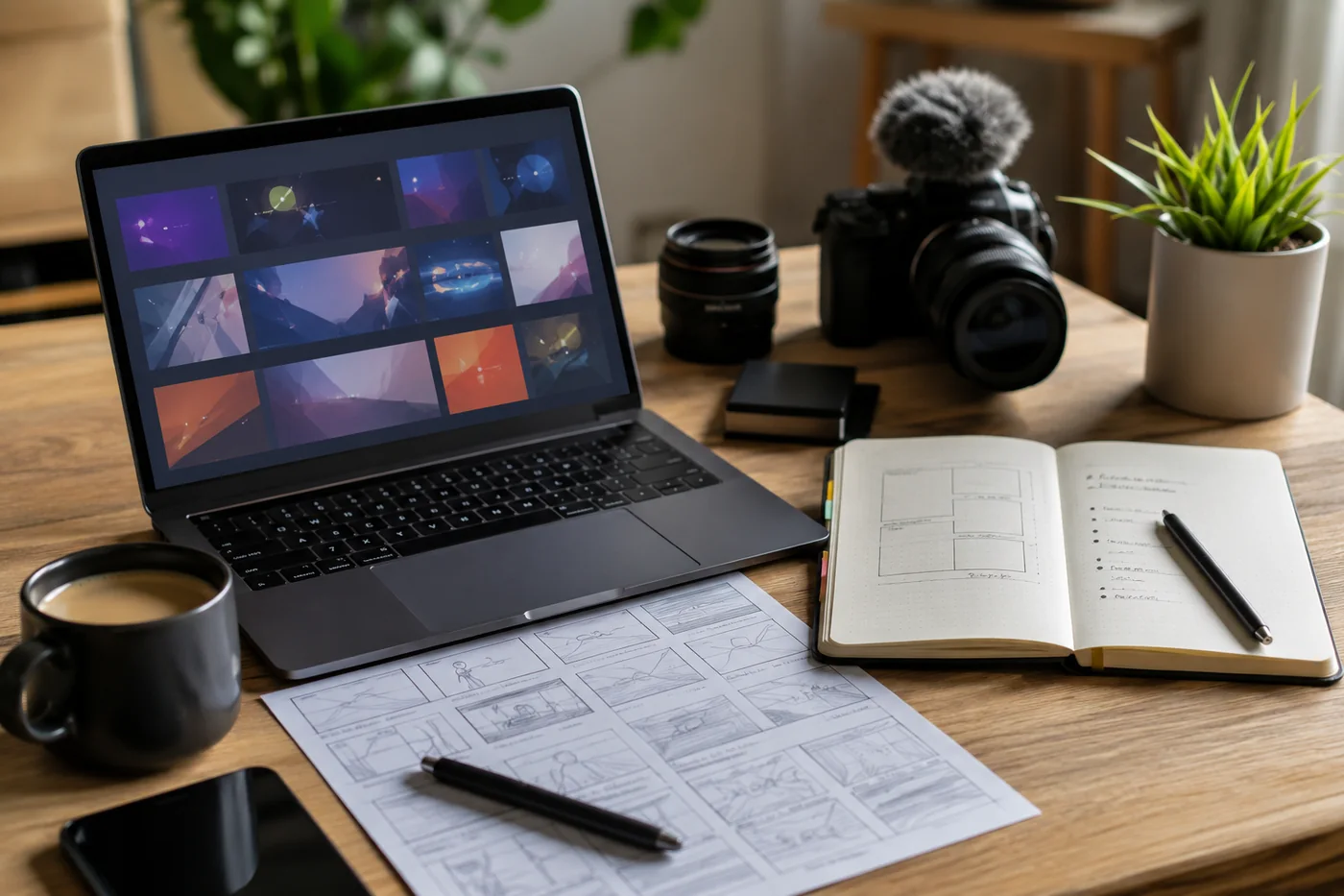 Concept visual of a creator workspace comparing video template cards with prompt planning notes