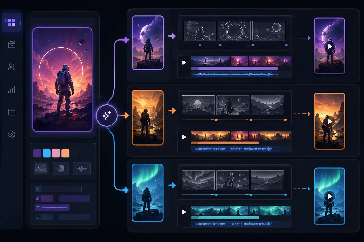 Workflow diagram showing how one AI video template becomes TikTok, Reels, and YouTube Shorts variants