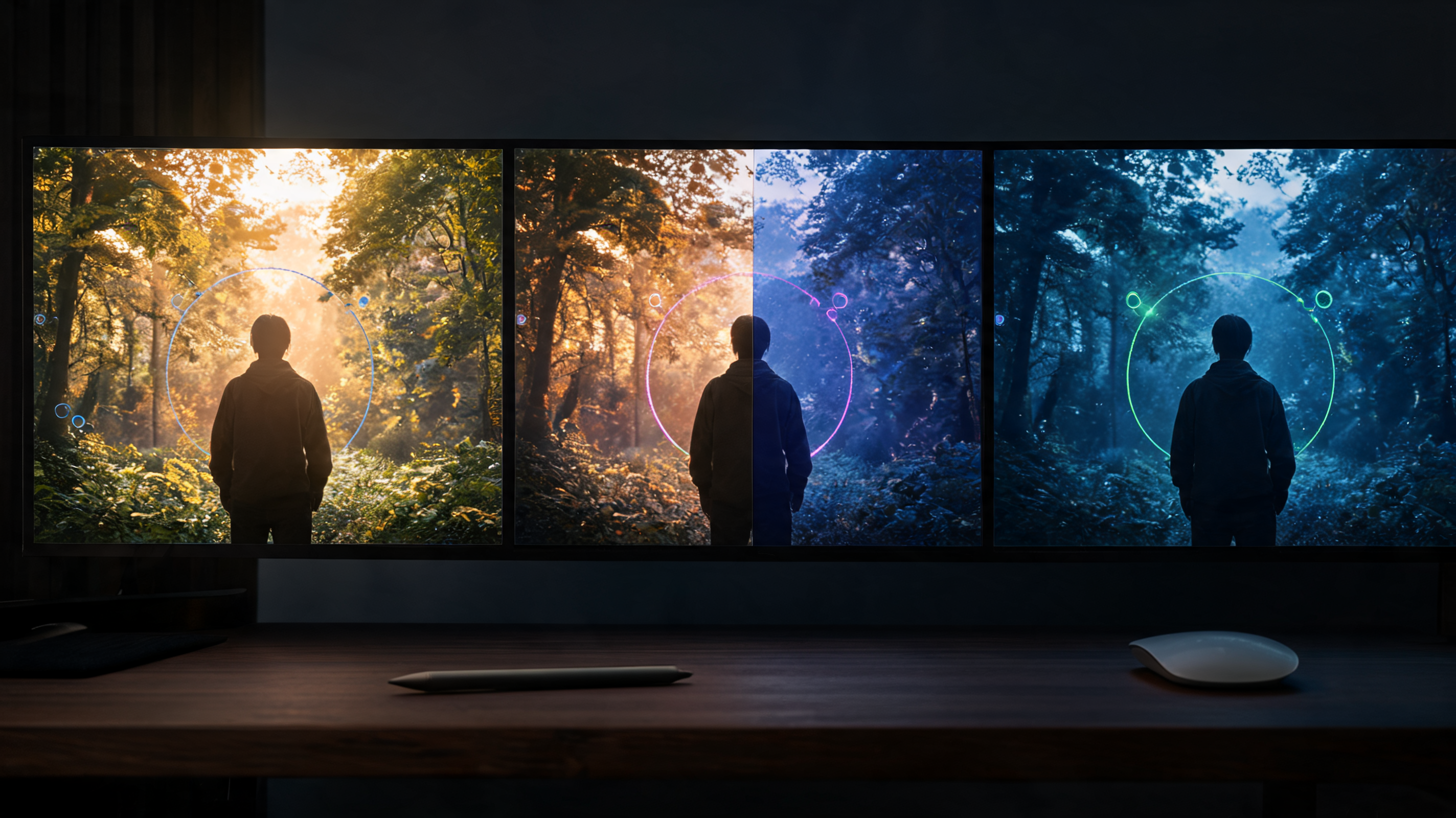 A post-render editorial review board for an AI video transition: three paused frames show a stable subject, a midpoint geometry check, and a clean final cut point; colored annotation marks without readable text; cinematic but realistic studio scene; no logos, watermarks, interfaces, or brand names