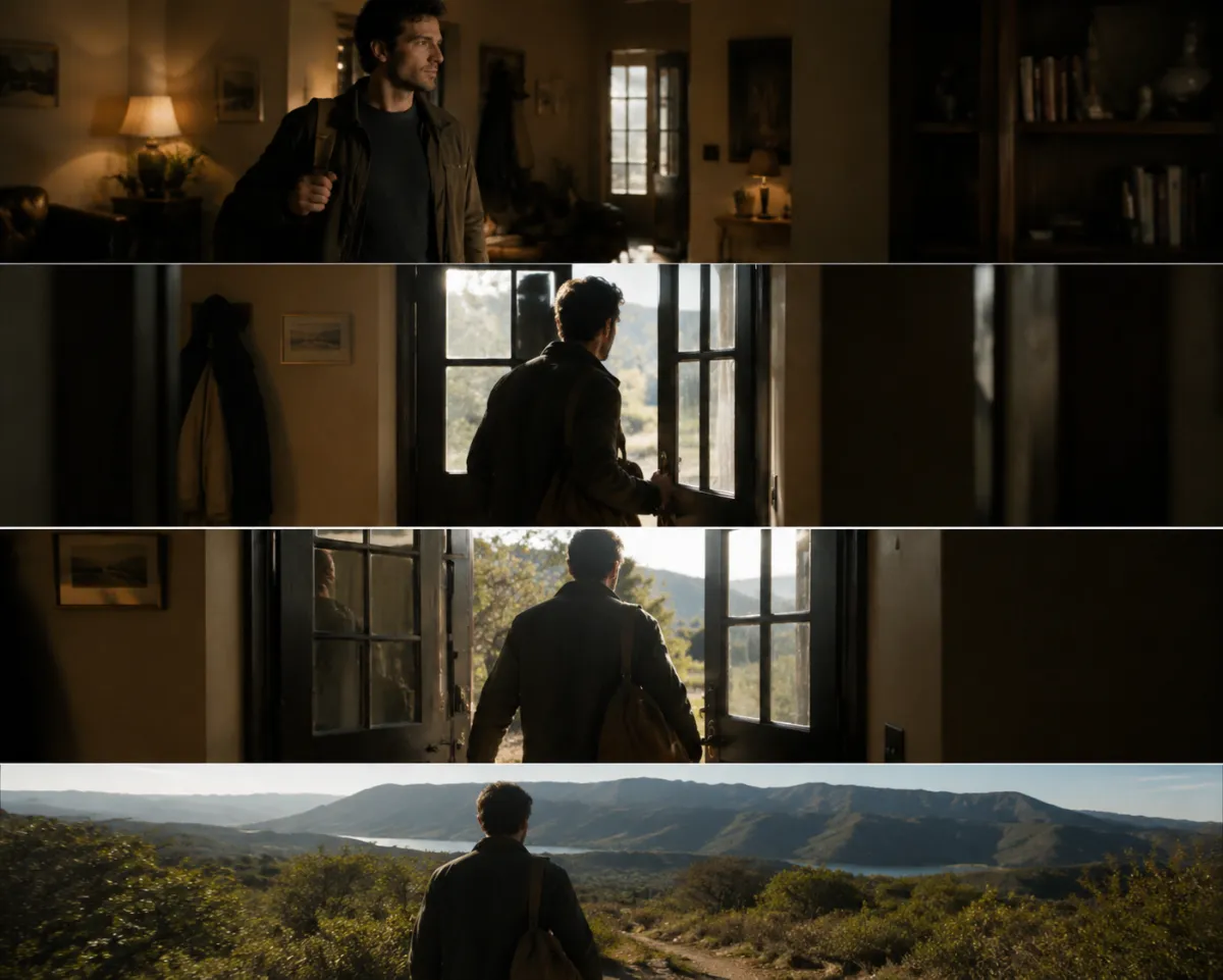 A four-frame storyboard showing one adult subject moving through a doorway transition with continuous identity and camera direction
