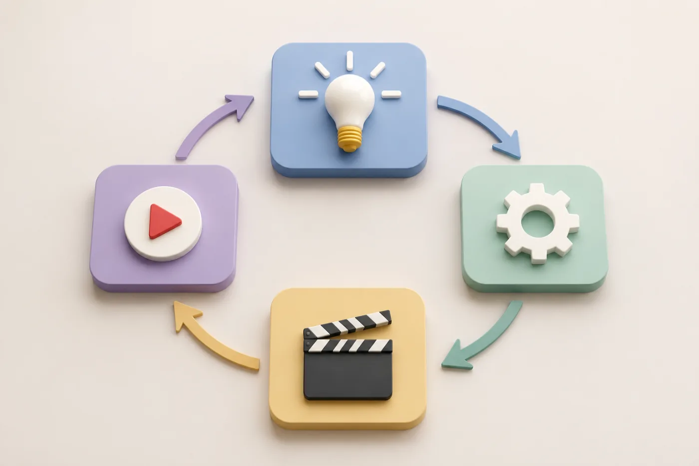 Abstract four-stage lifecycle diagram with distinct video cards moving from discovery through expansion, saturation, and long-tail reuse, no readable text, no logos