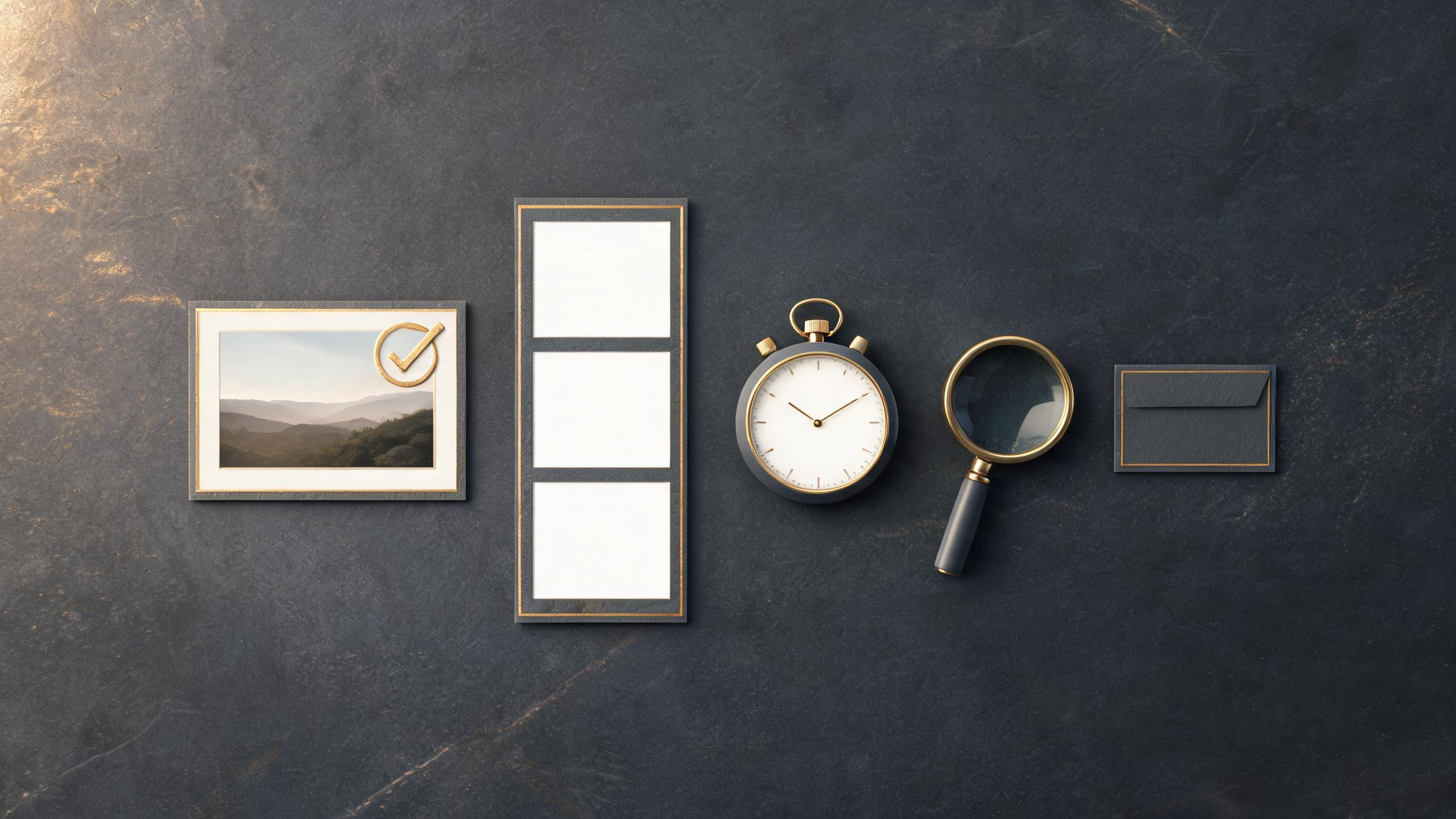 A calm editorial trend-test board with an approved source card, blank vertical storyboard, stopwatch, quality loupe, and unlabeled disclosure tag