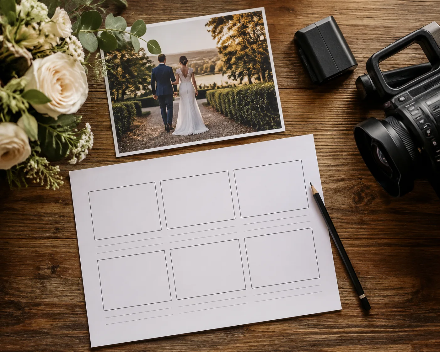 A top-down wedding-video checklist with an unlabeled couple photo, blank storyboard frames, camera battery, flowers, and pencil; no readable text