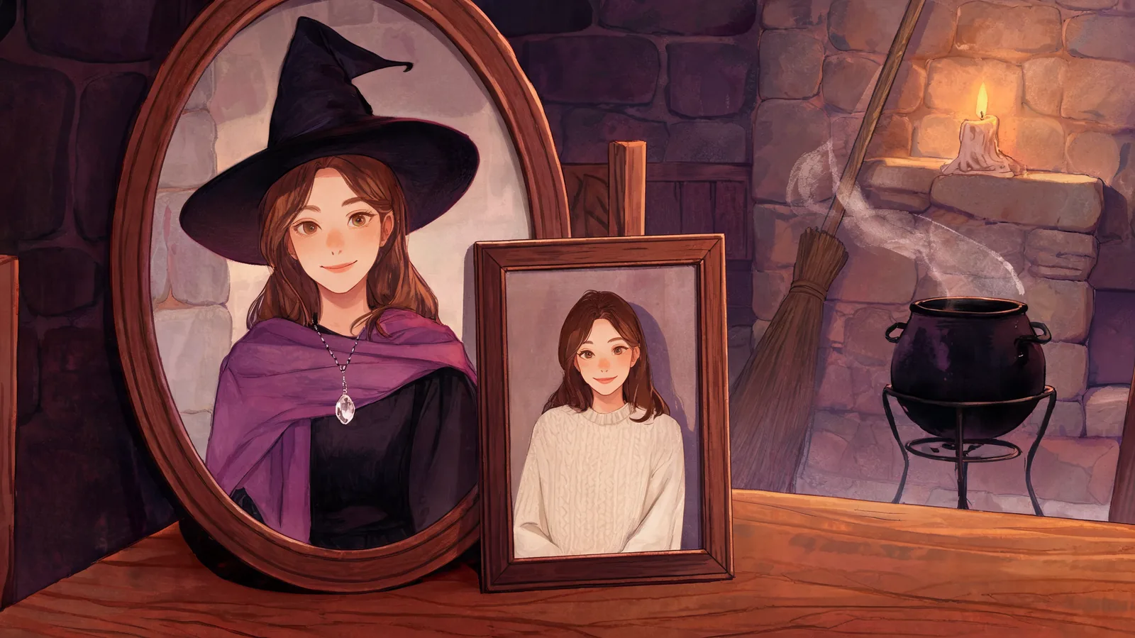 Illustrated everyday portrait beside a witch portrait in a candlelit cottage