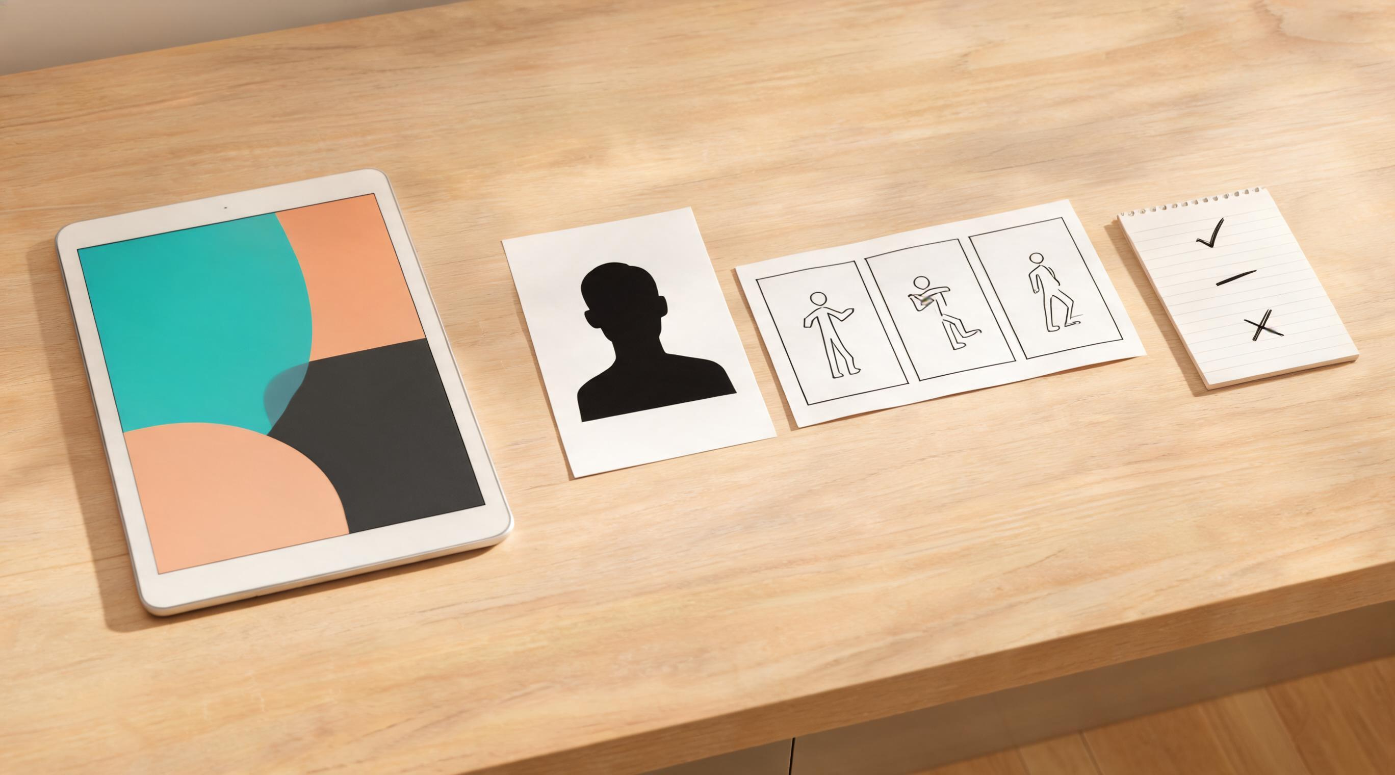 A conceptual review desk with a source portrait, a simple gym-motion storyboard, and a written keep-or-revise checklist; no product interface or branded equipment