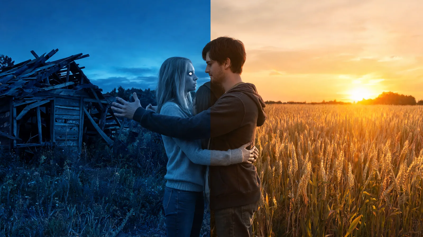 Editorial illustration connecting a cold cabin embrace with the same adults hugging in a golden field