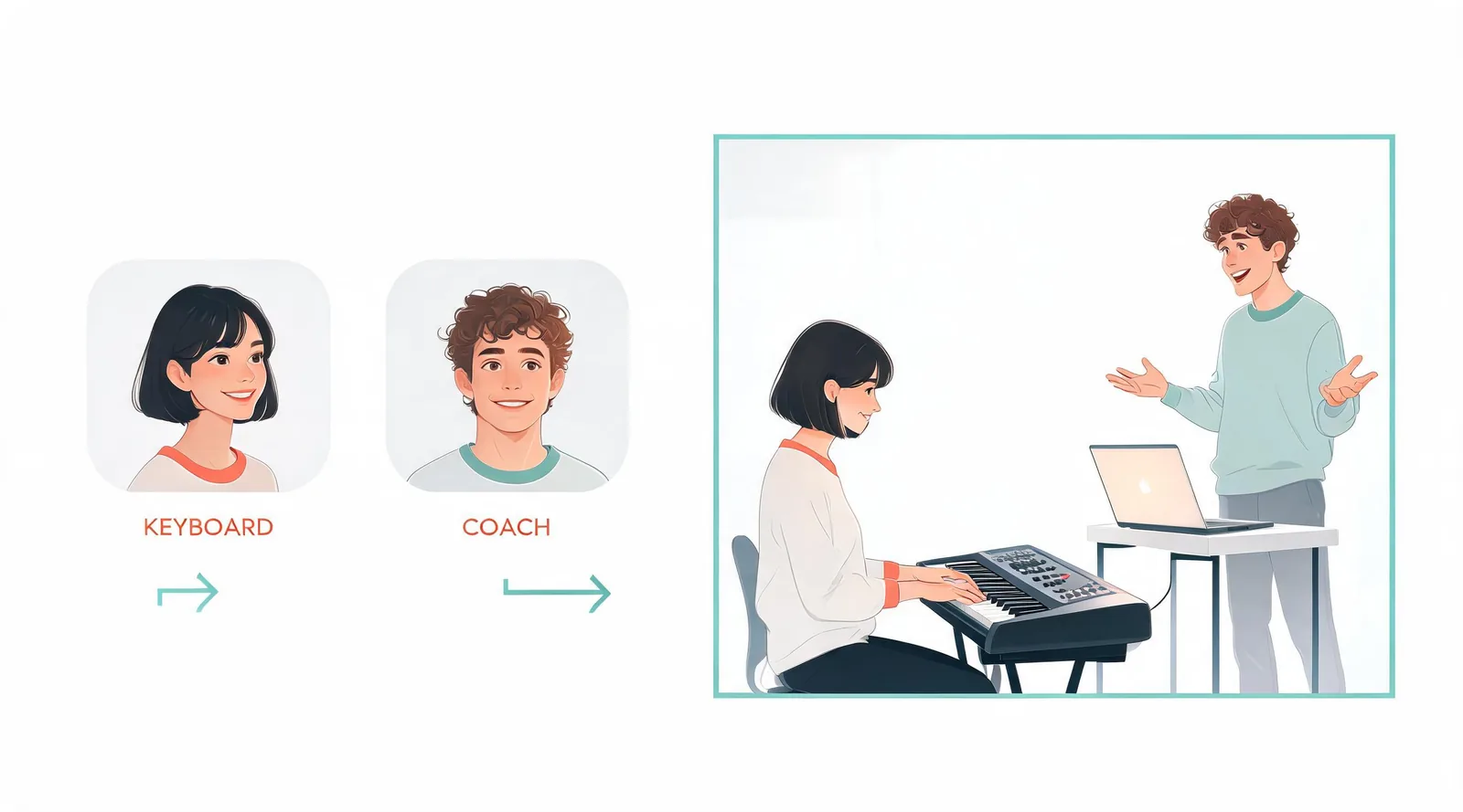 Conceptual illustration of two portrait cards assigned to keyboard and coach roles beside a white studio
