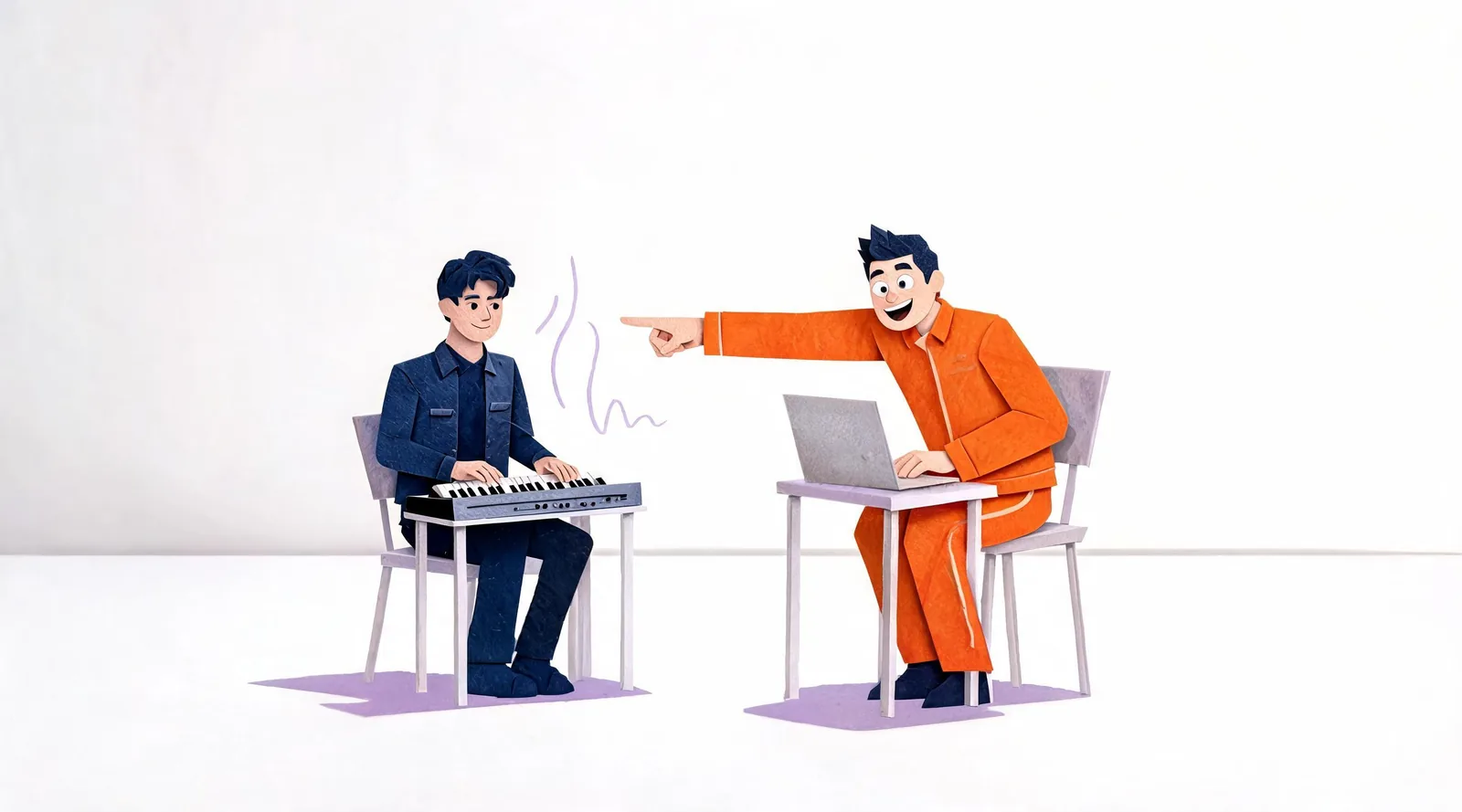 Editorial illustration of a composed keyboard player and an expressive coach in a spacious white studio