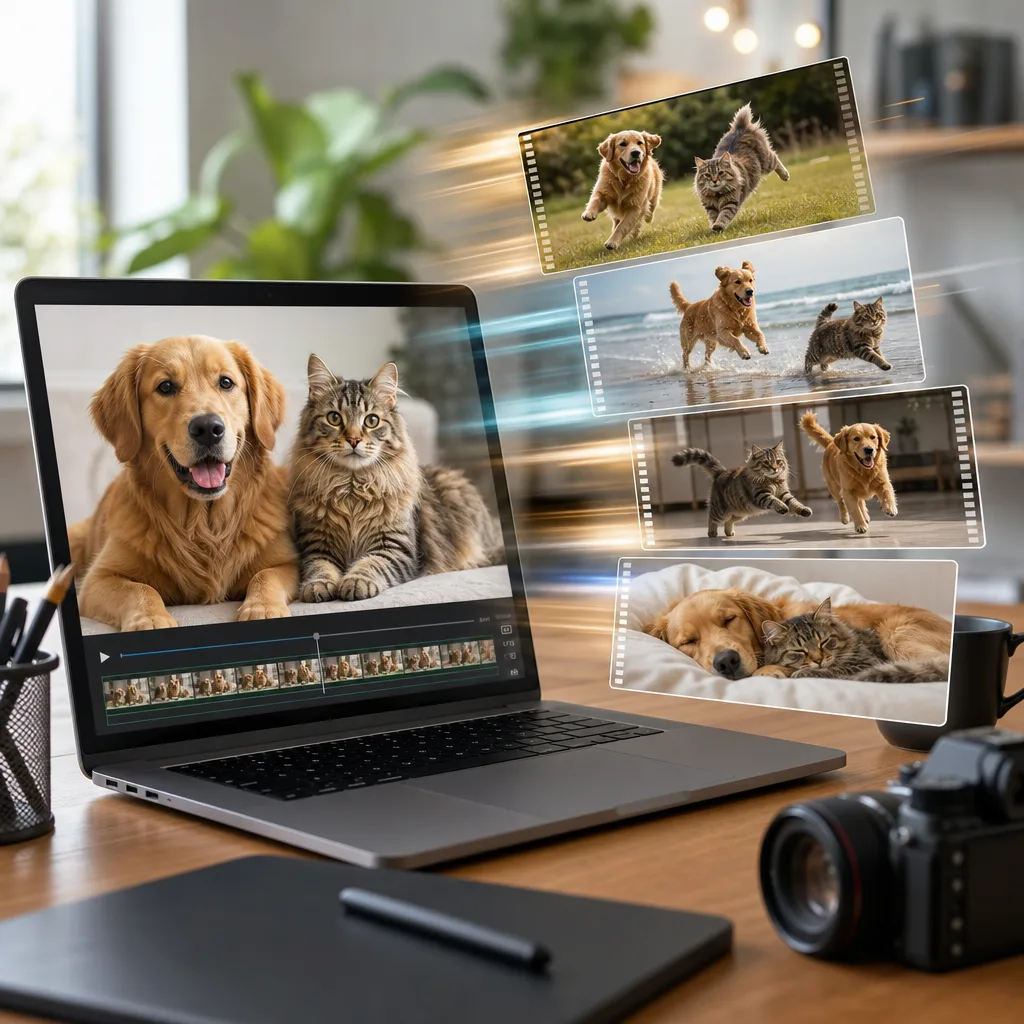 Dog and cat photo becoming short AI video storyboard frames