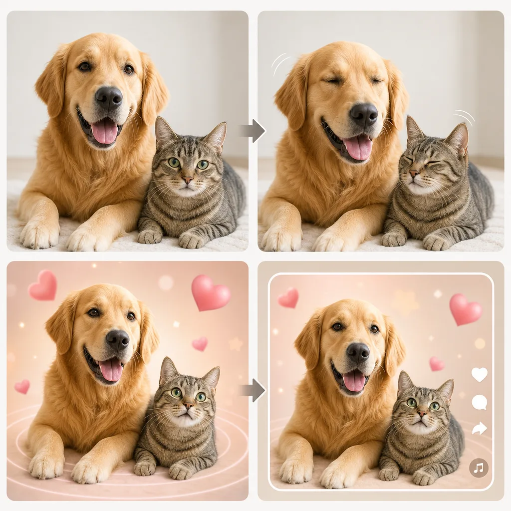 AI pet video workflow from source pet photo to gentle motion and final clip