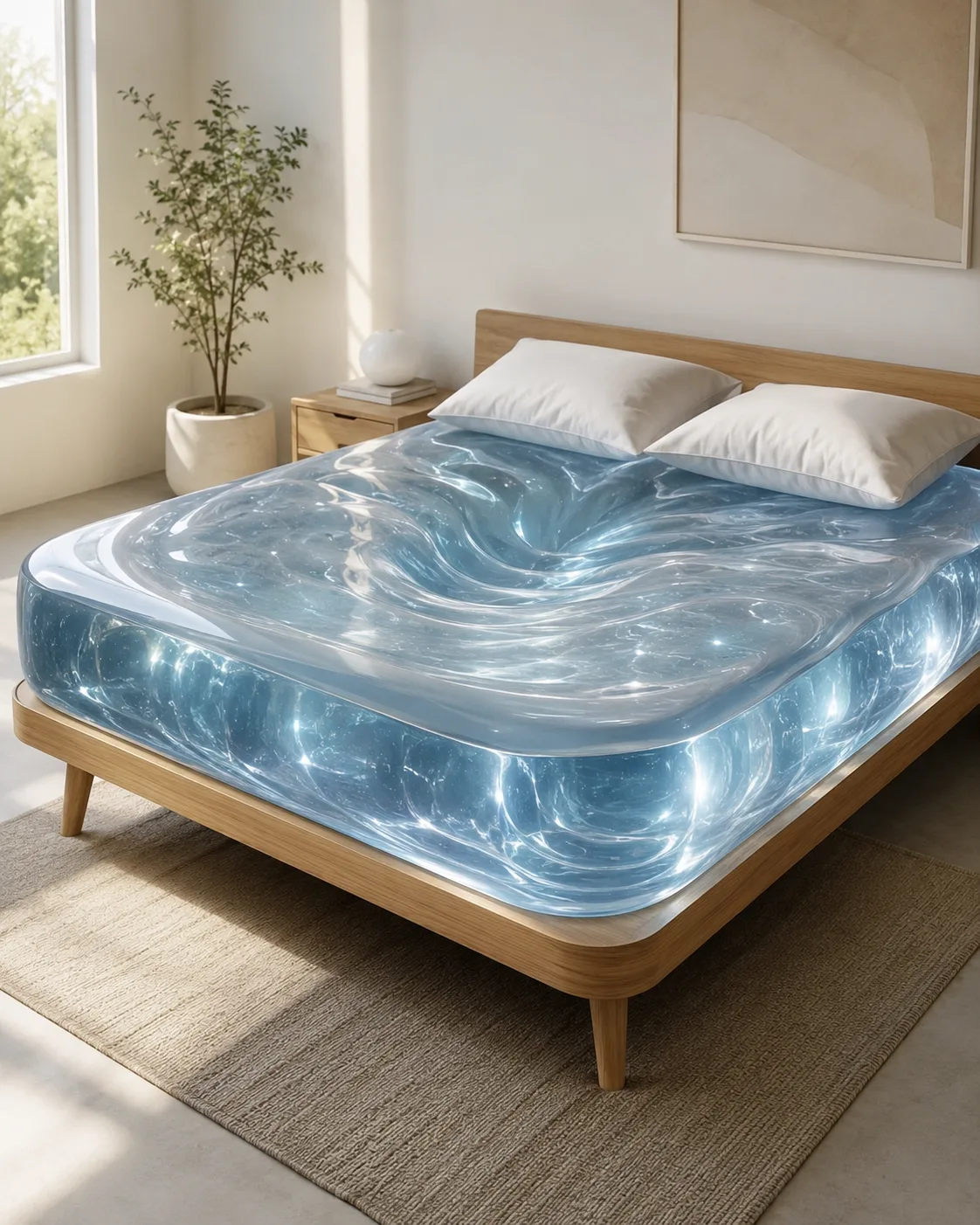 Clearly surreal translucent jelly mattress on an ordinary bed frame in a bright minimal bedroom, no people, exaggerated glossy bounce ripples, visual concept only, no text, no logo, no watermark