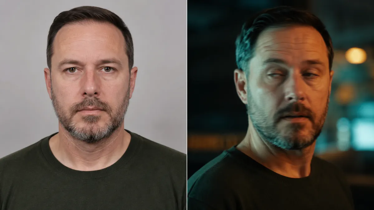Best AI image to video comparison showing a still portrait photo on the left and an animated cinematic video frame of the same person on the right