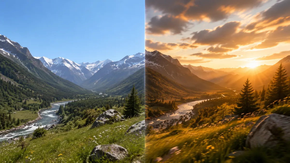 Best AI image to video before and after showing a still landscape photo on the left and a cinematic animated landscape frame on the right