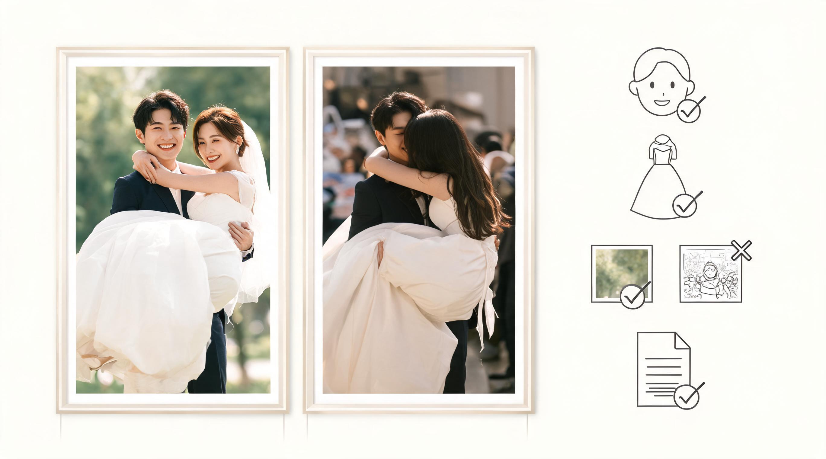 Two separate, clear adult portrait photos are arranged beside a simple checklist for face visibility, clothing, background choice, and permission; warm editorial lighting; no readable text, logos, or watermarks