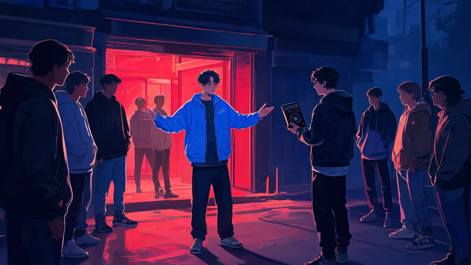 Editorial illustration of a fictional adult freestyle circle outside a red-lit doorway