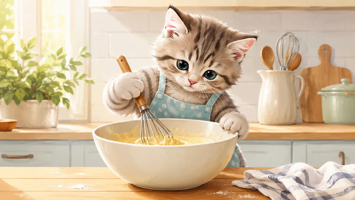 Cake kitten AI video storyboard with an original non-branded illustrated kitten stirring cake batter in a simple kitchen, no words or logos