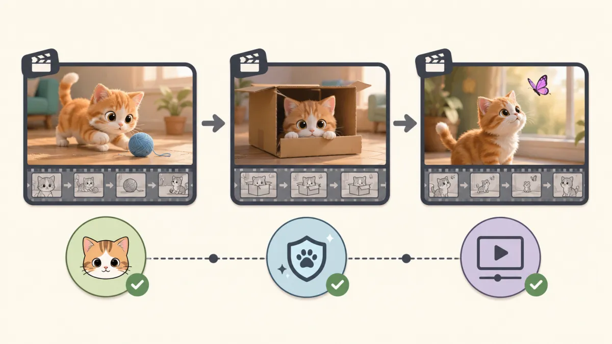 Cake kitten AI video planning workflow showing original character, three-shot storyboard, generation review, and a no-brands checkpoint