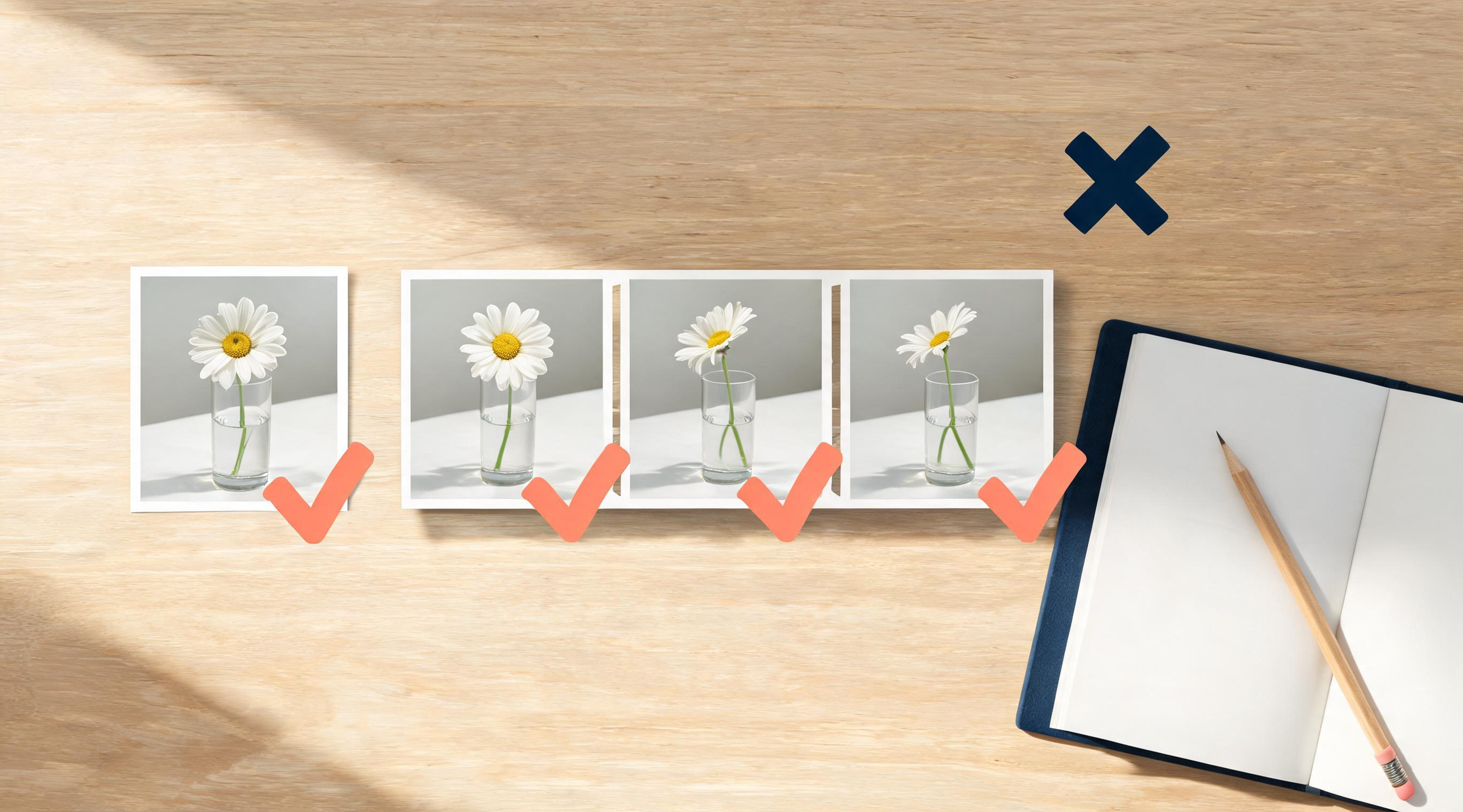 A controlled image-to-video review desk with a still-life source photo, matching motion-frame prints, and approval markers