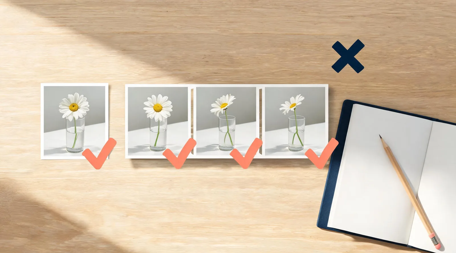 A controlled image-to-video review desk with a still-life source photo, matching motion-frame prints, and approval markers