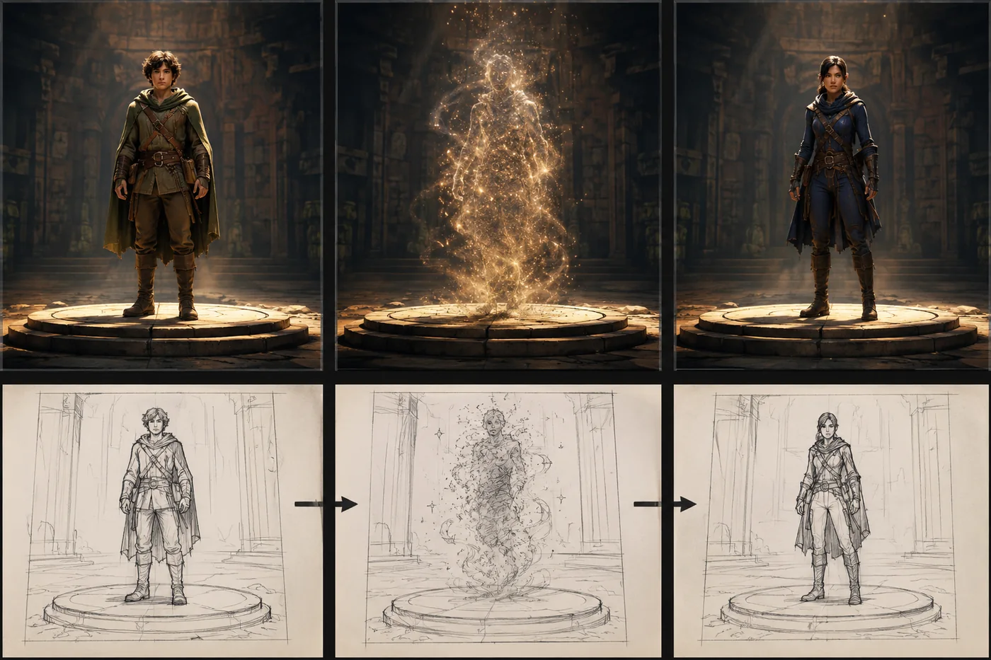 Concept storyboard showing an original fictional character replaced by another original character across video frames