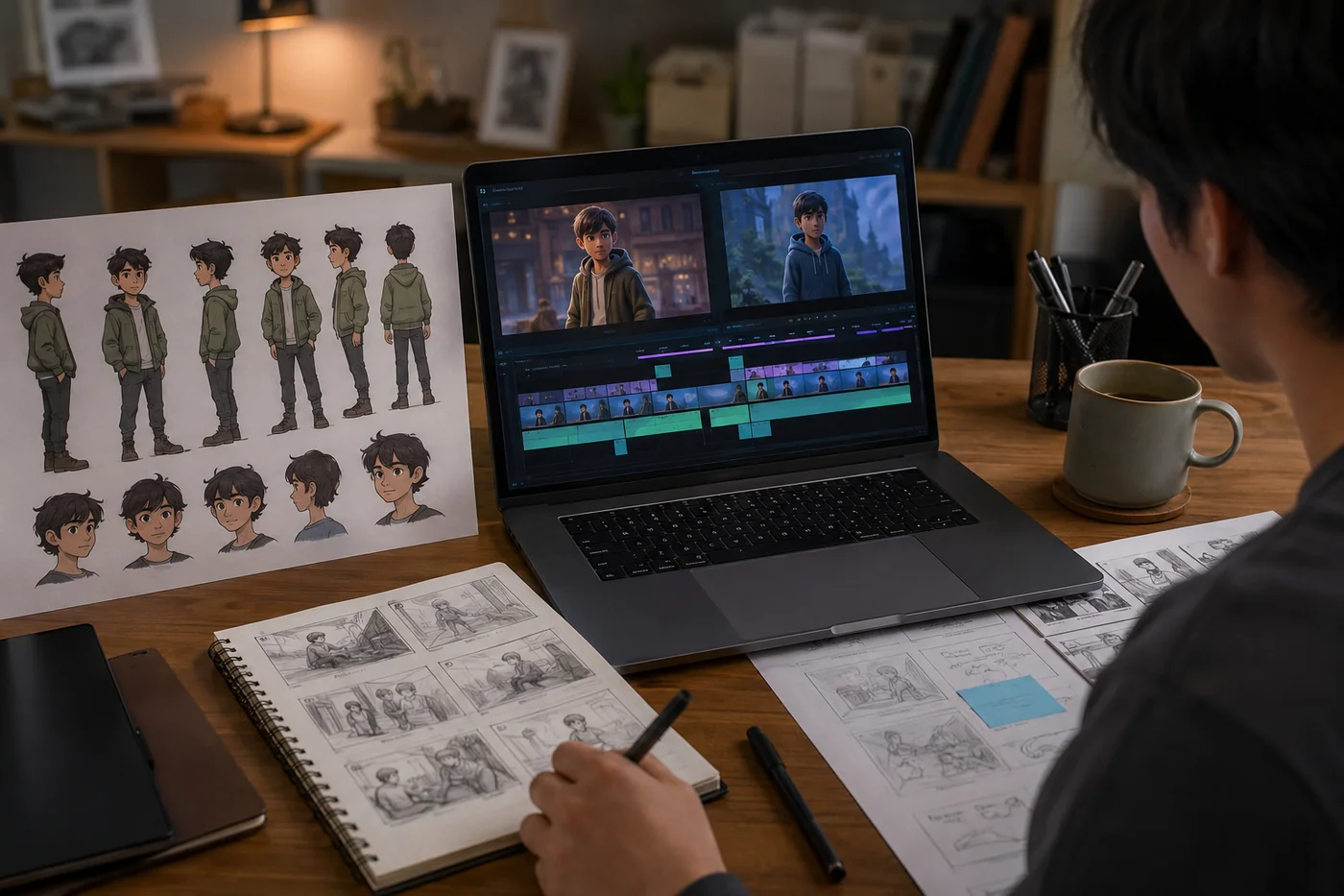 Concept visual of a creator desk with original character sheets, storyboard frames, and video timeline