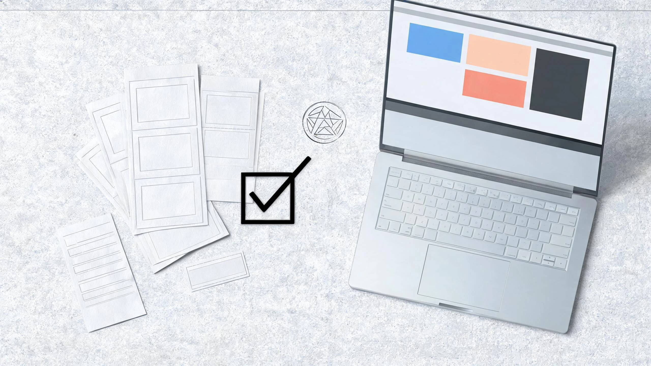A calm production desk with a generic release form, asset labels, a checklist, and an abstract video timeline; no readable text, no logos, no watermark