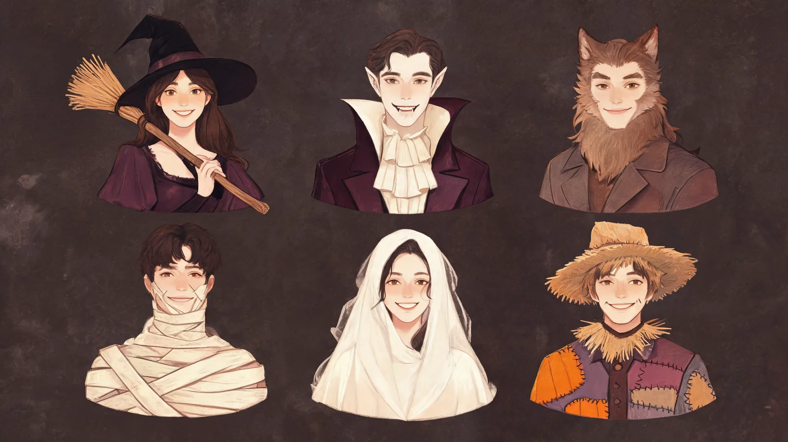 Six illustrated classic character portraits showing a witch, vampire, werewolf, mummy, ghost, and scarecrow