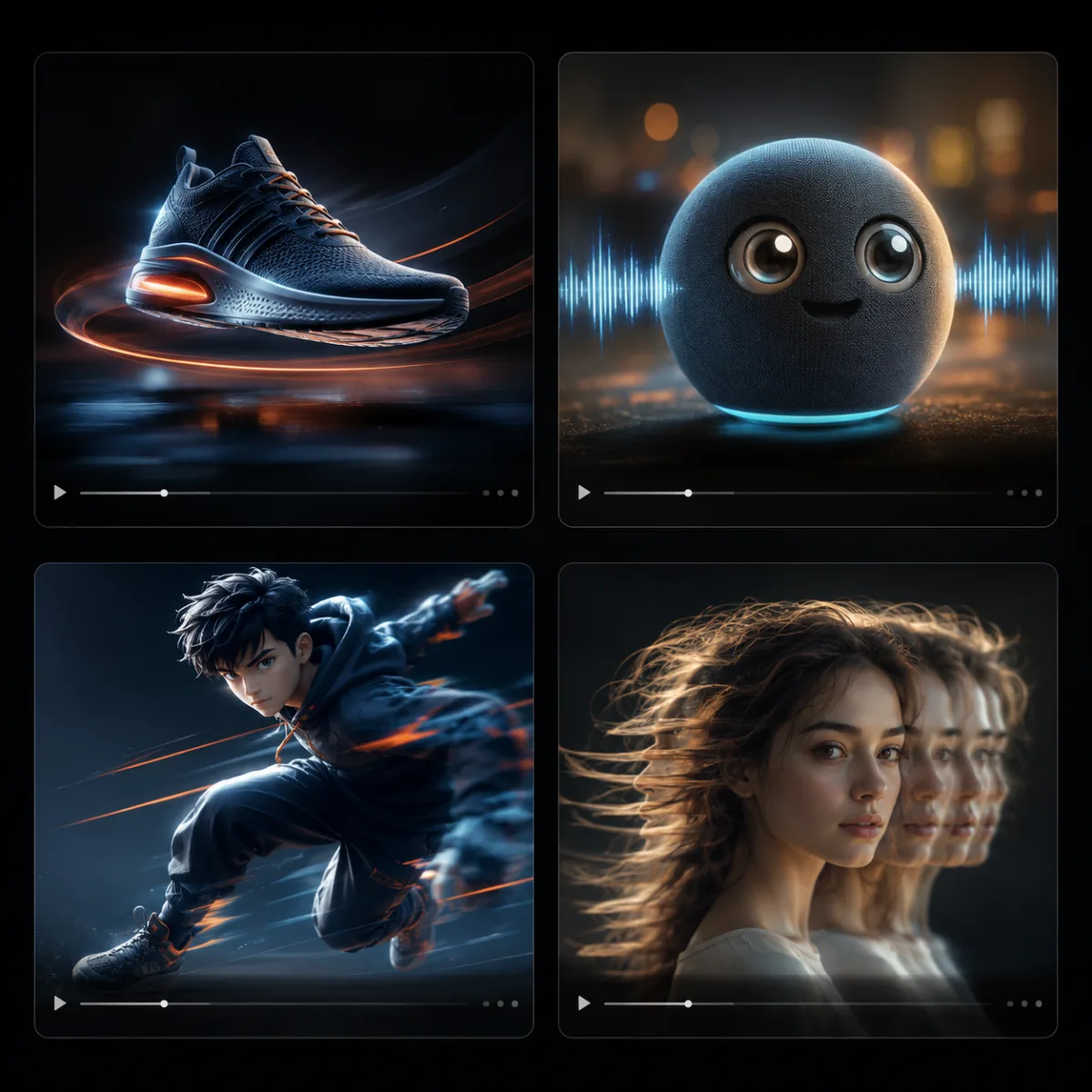 Grid of AI video template examples: product reveal, talking object, character motion, and portrait animation