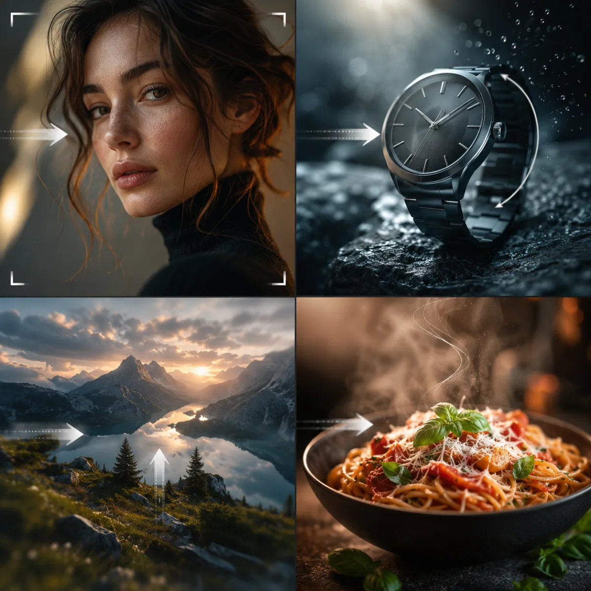 Storyboard grid showing image-to-video prompts for portrait, product, landscape, and food motion