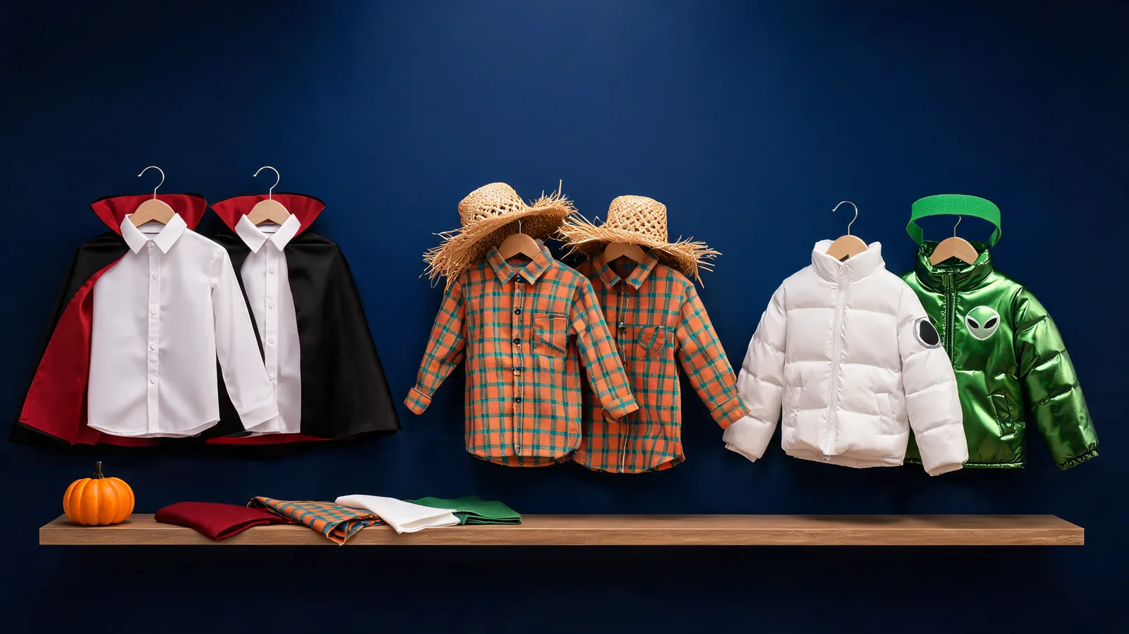 Illustrated wardrobe with paired vampire capes, plaid scarecrow shirts, and astronaut-and-alien jackets