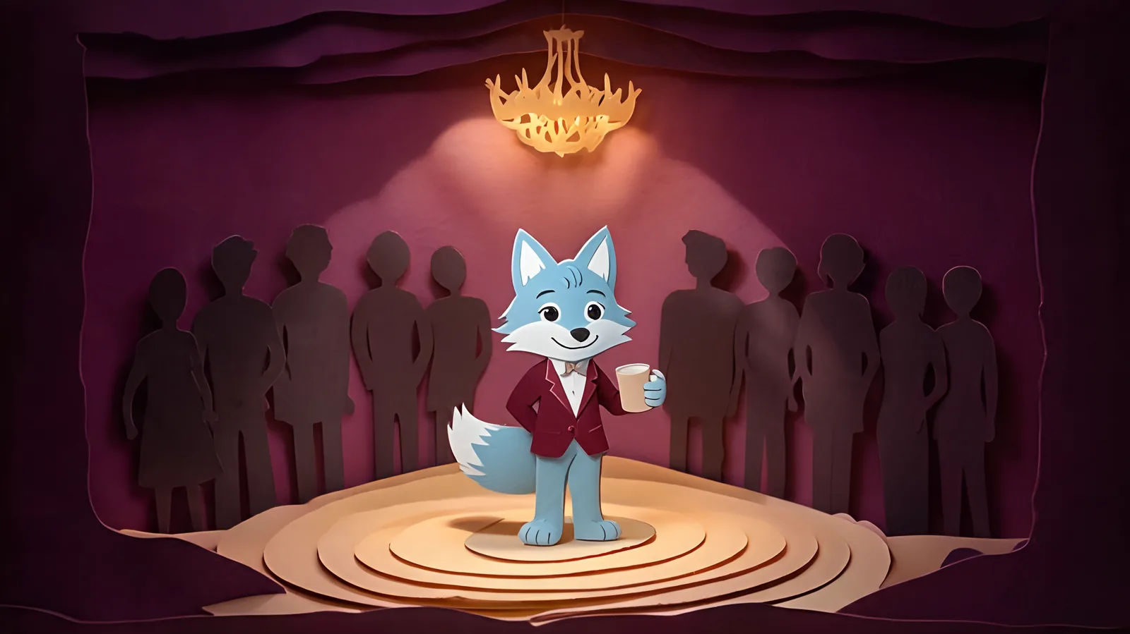 Editorial paper-theater illustration of an original fox mascot leading a chandelier-lit party