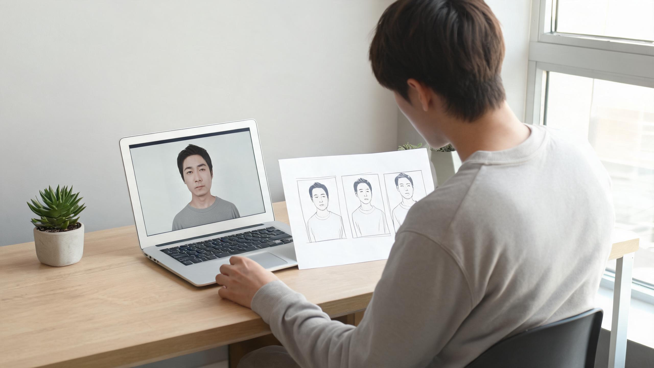A creator compares a permitted source portrait with a neutral three-frame motion storyboard at a daylight desk