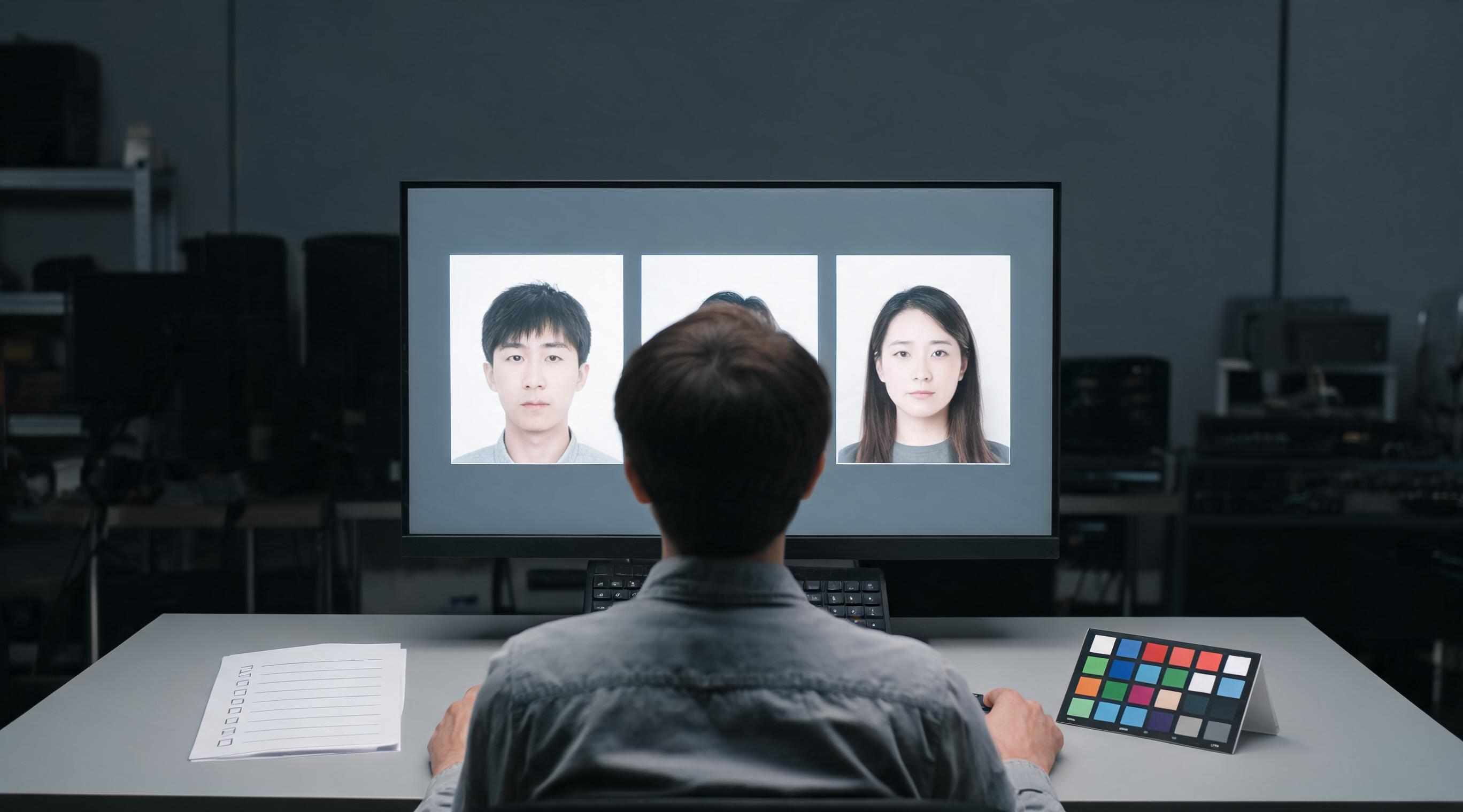 A creator checks three unlabeled motion frames on a monitor with a physical color card and a quality checklist
