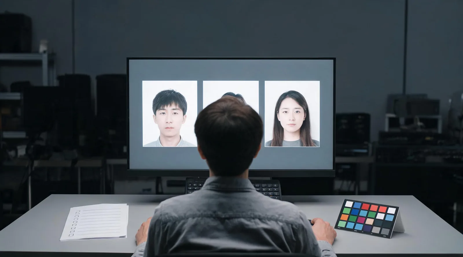 A creator checks three unlabeled motion frames on a monitor with a physical color card and a quality checklist