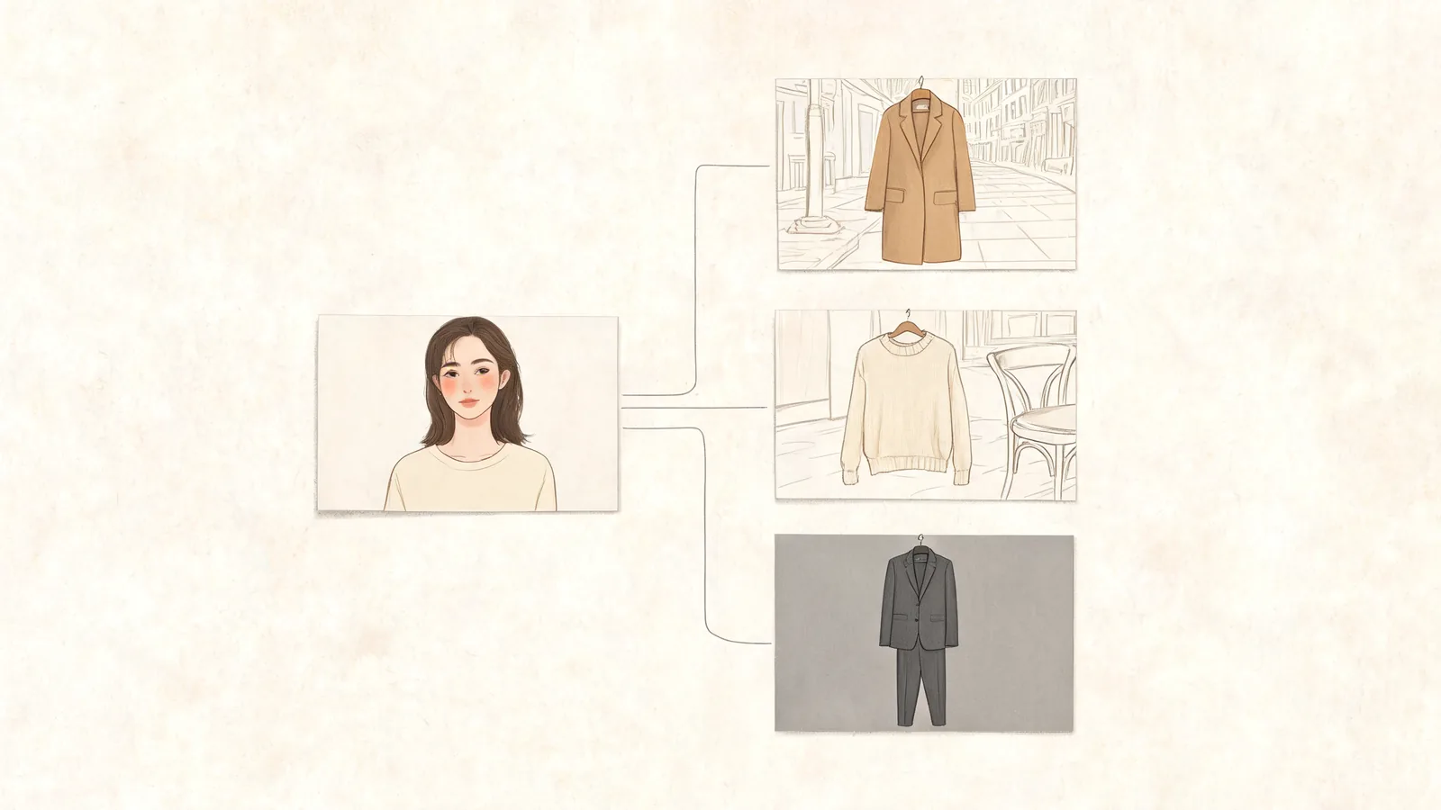 Illustrated planning board connecting an adult portrait to unbranded outfit and scene ideas
