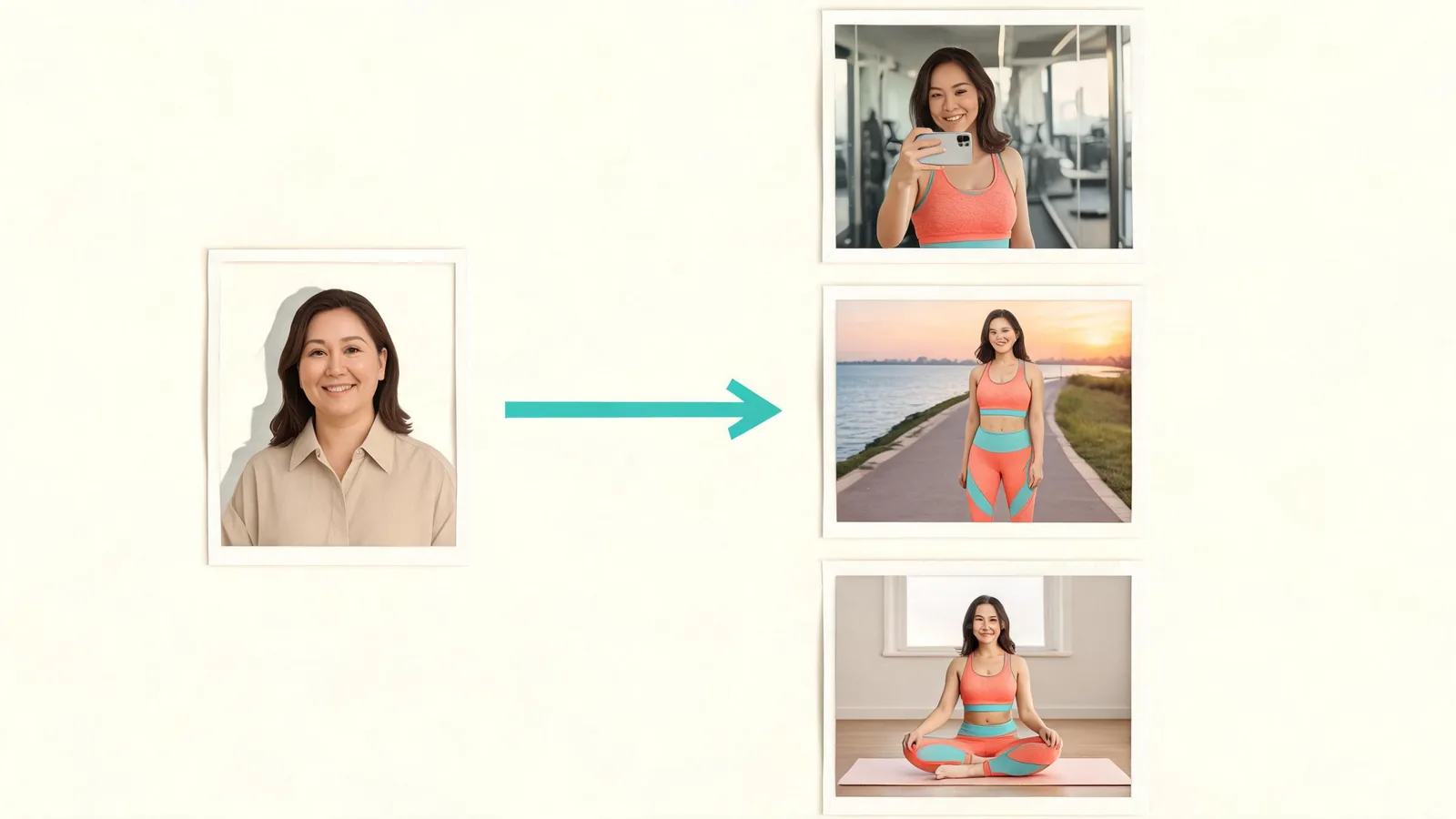 Concept collage of an adult portrait leading to imagined gym, running-path and yoga pictures