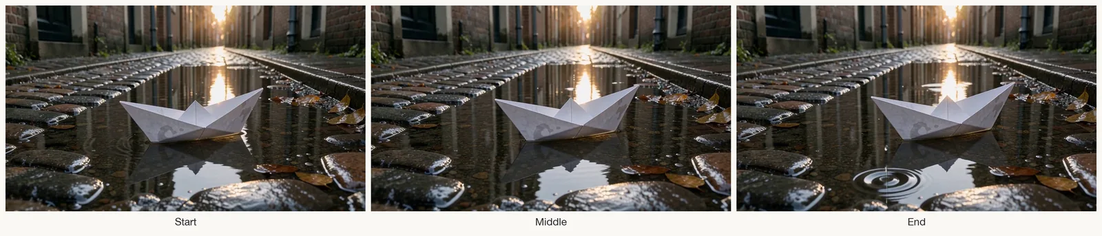 Start, middle and end frames showing a white paper boat shifting right across a puddle, with a ripple ring in the foreground of the end frame